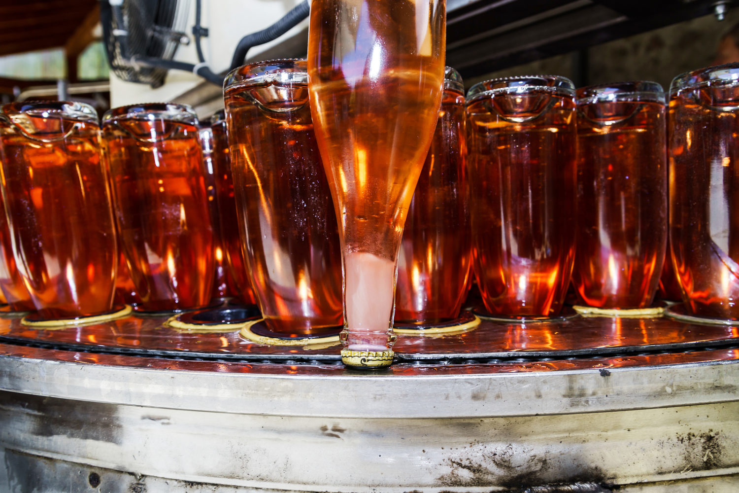 Cremant d'Alsace Rosé is inverted so yeast cells from secondary fermentation can be frozen in place before disgorgement.