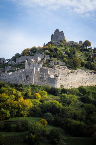 The ruins of the Crussol castle in Saint-Peray, France.