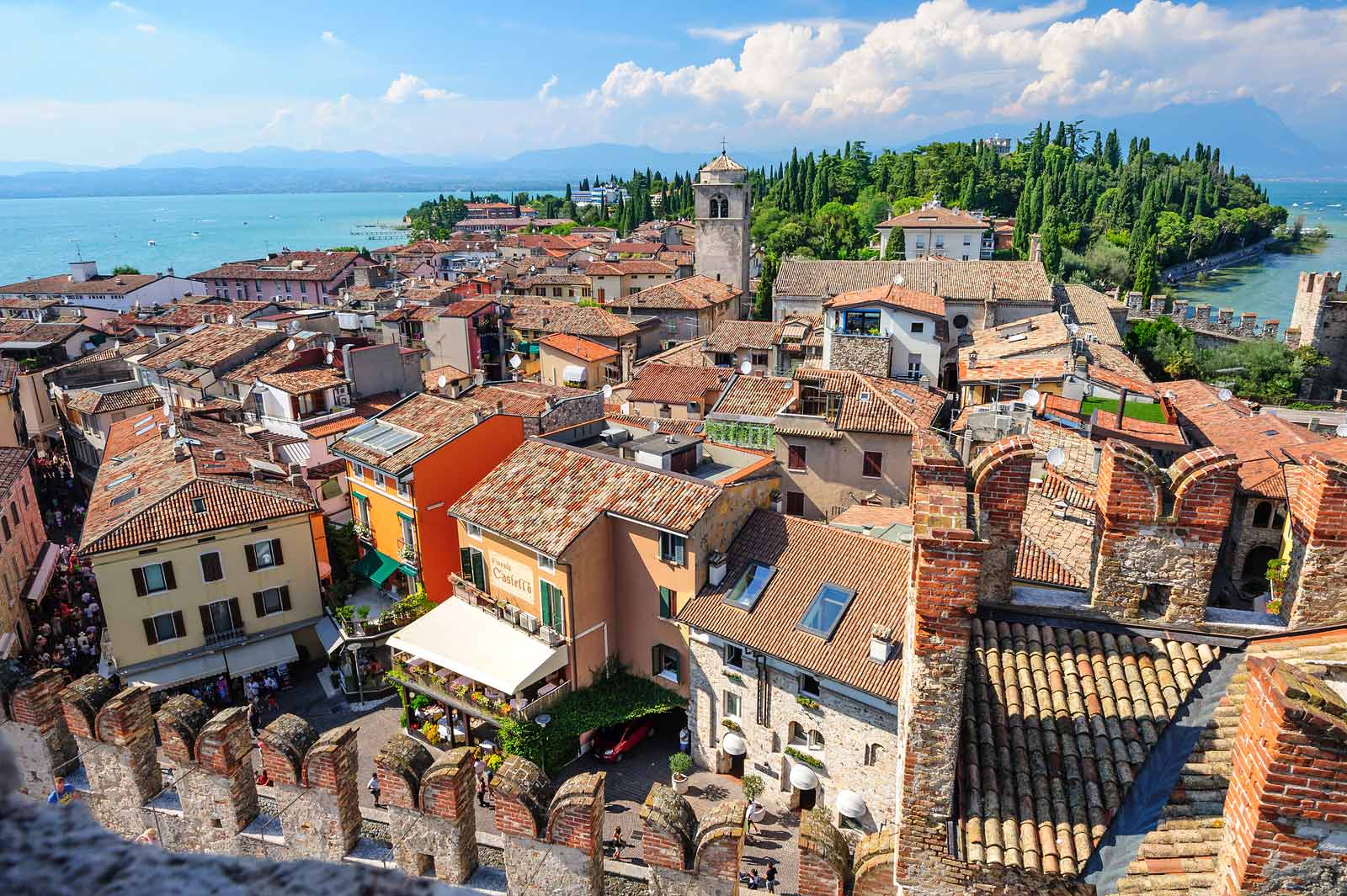 The view from the castle of Sirmione, one of the iconic towns of the Lugana DOC wine appellation on the shores of Lake Garda.